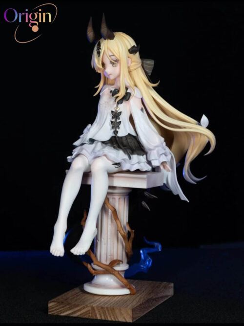 Three-quarter view of childhood Eblana with long blonde hair, a pale ruffled dress, bare brown vines around the column and blue flame effects.
