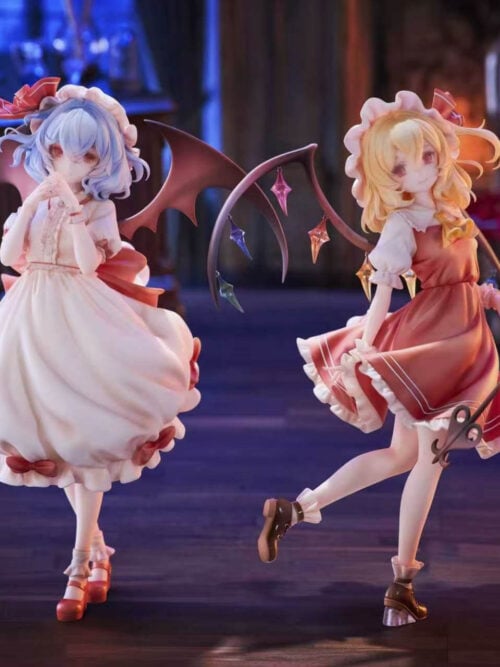 Remilia Scarlet in a pale bow-trimmed dress beside Flandre Scarlet in red, showing both figures, contrasting wings and Flandre's curved weapon.