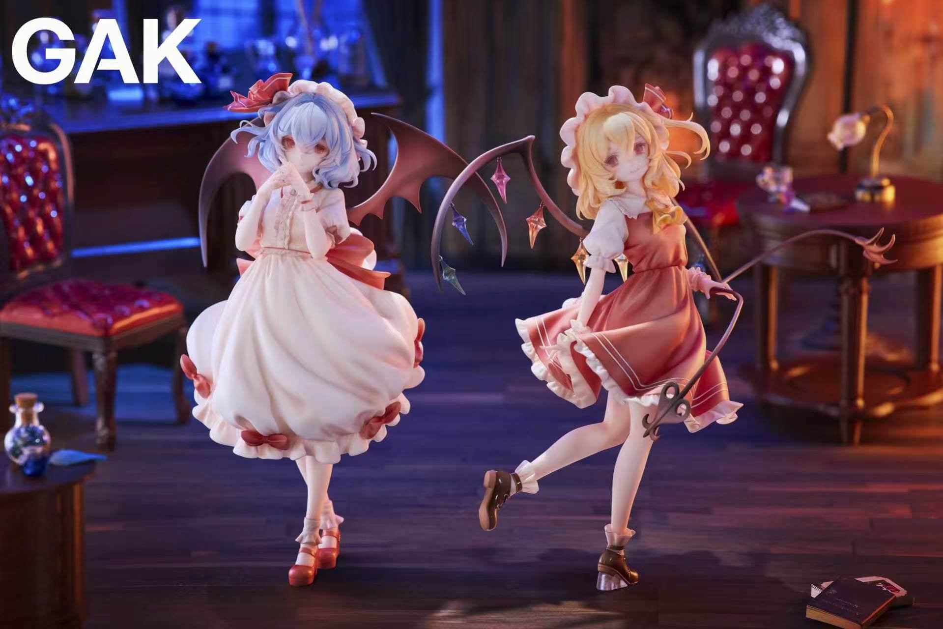 Remilia Scarlet and Flandre Scarlet — Full Paired View Remilia Scarlet in a pale bow-trimmed dress beside Flandre Scarlet in red, showing both figures, contrasting wings and Flandre's curved weapon.