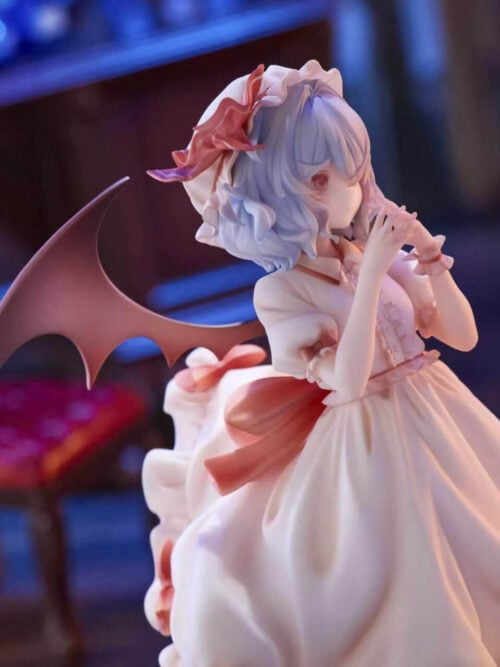 Side three-quarter view of Remilia Scarlet with hands raised near her face, curled blue hair, a bat wing and a large red waist bow.