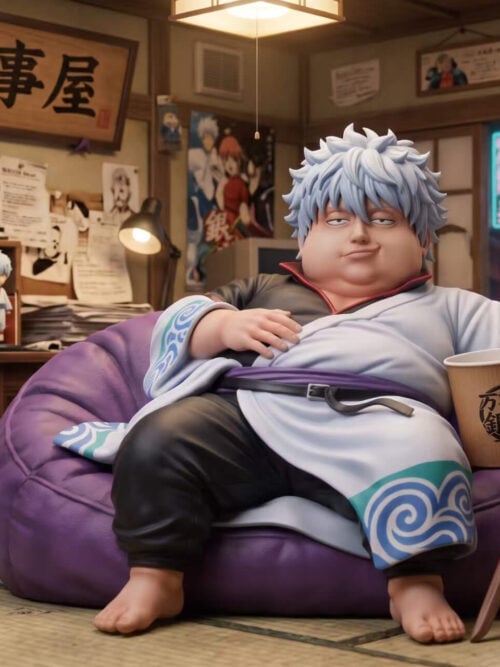 Gintoki Sakata reclining in a purple beanbag with a cup and wooden sword, shown against a poster-filled room backdrop.
