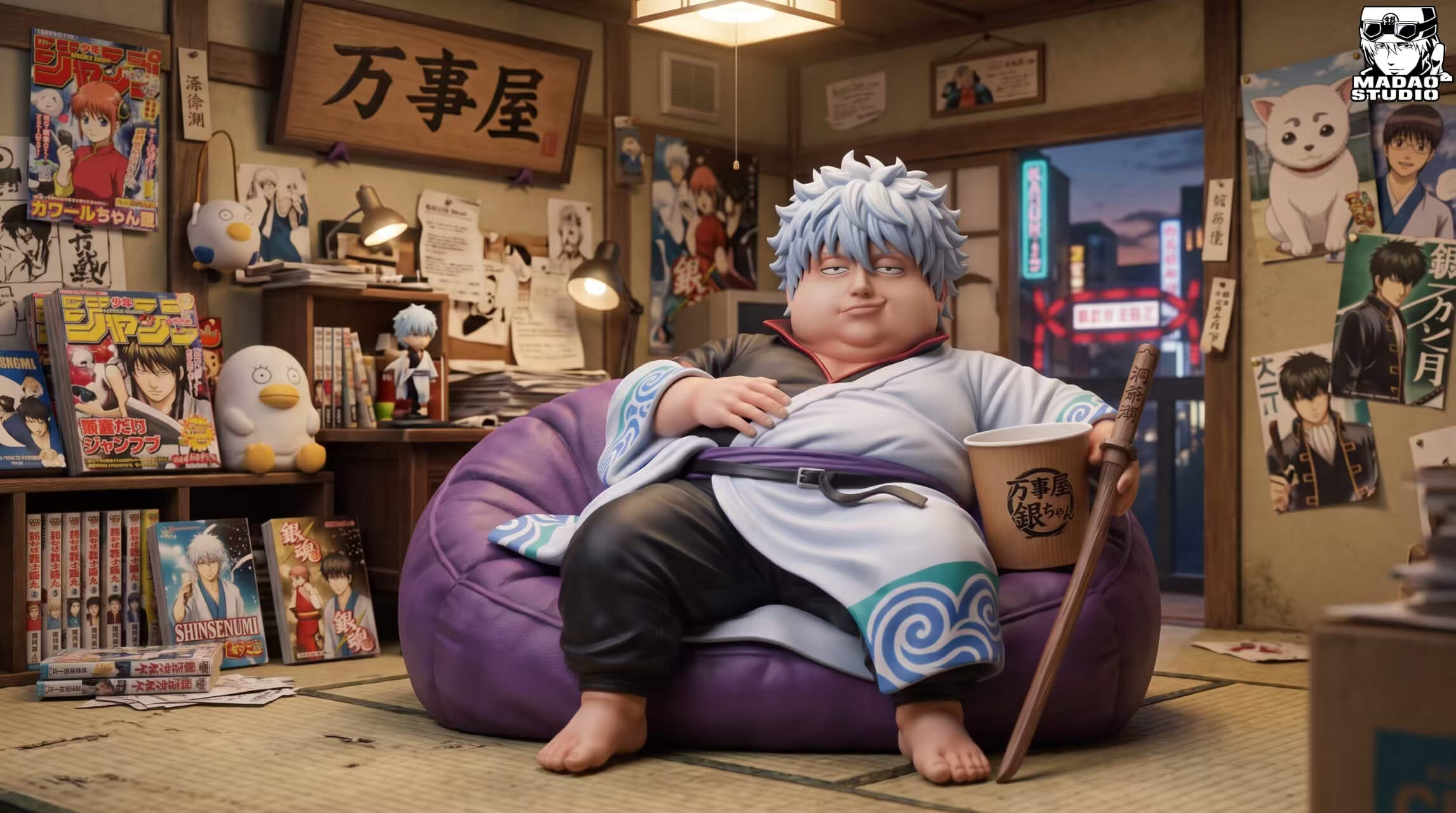Gintoki Sakata Chubby Series - Room Backdrop Gintoki Sakata reclining in a purple beanbag with a cup and wooden sword, shown against a poster-filled room backdrop.
