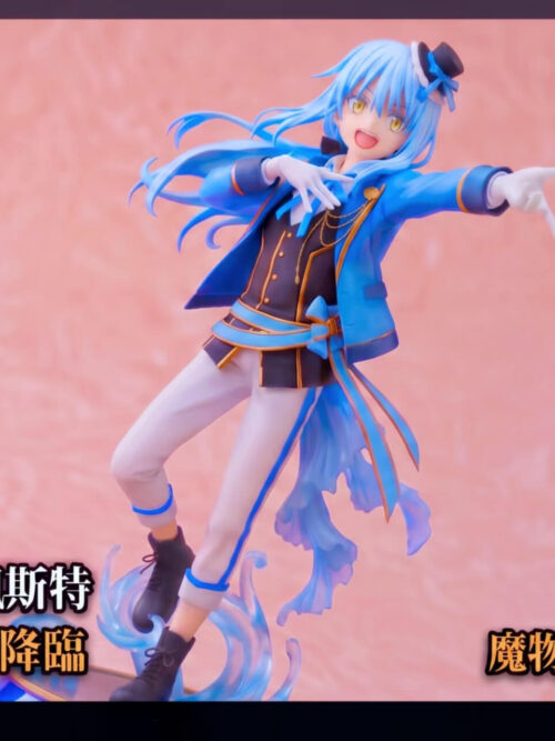 Rimuru Tempest in a blue jacket and white trousers above curling blue effects, with printed labels stating 1/7 scale and approximately 19 cm height.