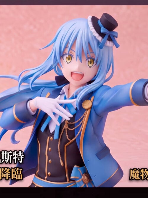 Close-up of Rimuru Tempest with golden eyes, an open smile, a lace-trimmed miniature top hat, white gloves and gold chains across a dark waistcoat.