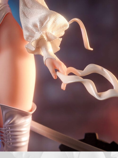 Close-up of 2B's hand holding a curling white blindfold beside a ruffled sleeve cuff and lace-up boot tops.