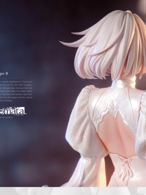 Rear upper-body view of 2B showing layered white hair, patterned shoulder panels, an open back and textured puff sleeves.