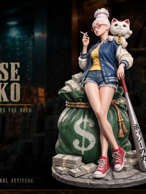 Seiko Ayase leaning against a green money bag with a lucky cat on her shoulder, a baseball bat and cash bundles on a round base.