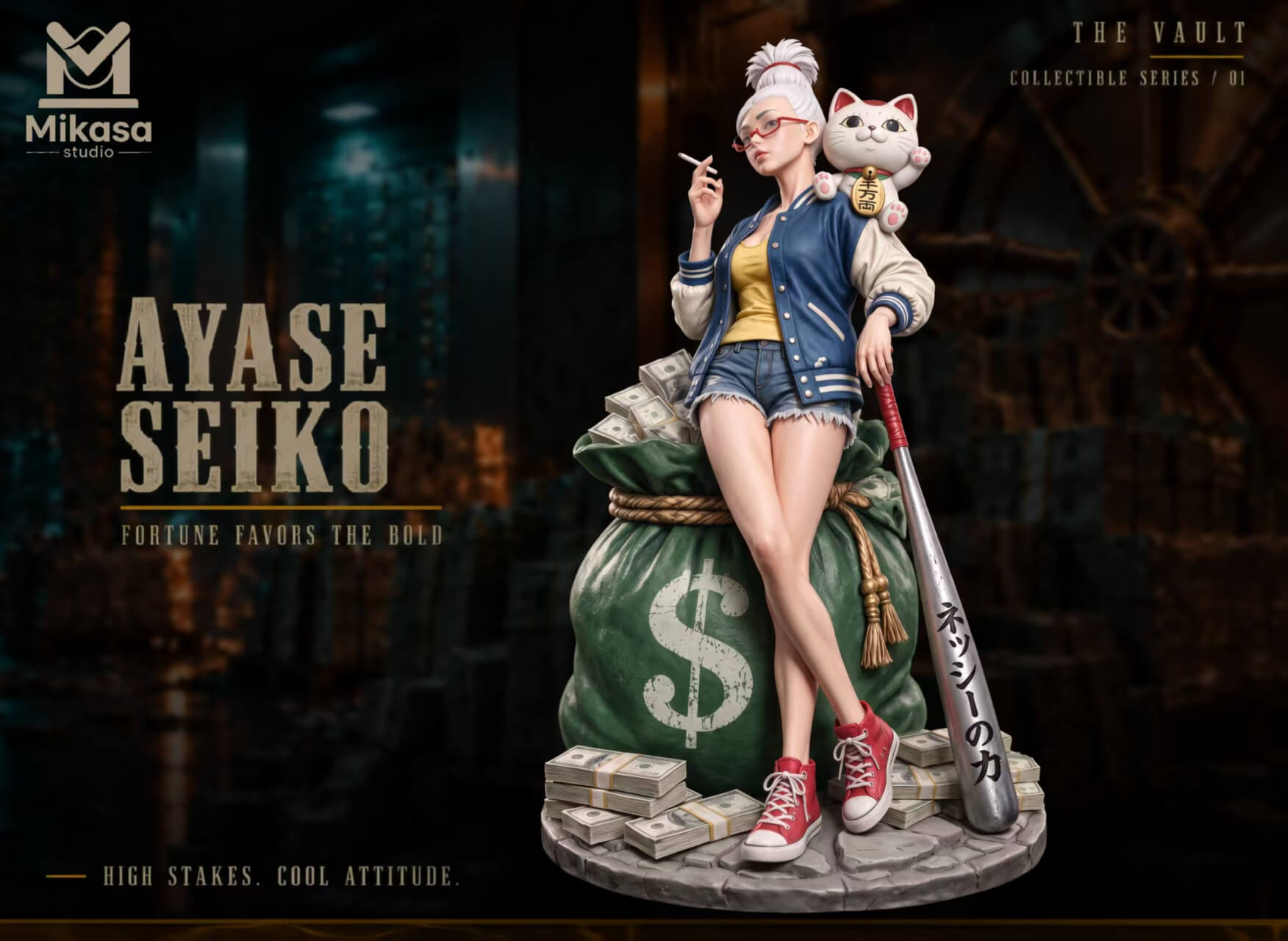 Seiko Ayase Money Bag Lucky Cat - Full Front View Seiko Ayase leaning against a green money bag with a lucky cat on her shoulder, a baseball bat and cash bundles on a round base.