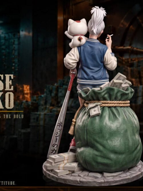 Rear view of Seiko Ayase showing her blue varsity jacket, shoulder-perched lucky cat, rope-tied money bag and baseball bat.