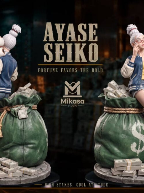 Two angled views of the same Seiko Ayase statue with a lucky cat, oversized green money bag, baseball bat and cash-covered base.