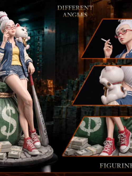 Seiko Ayase full-view collage with close-ups of her red glasses, shoulder-perched lucky cat, red sneakers and cash bundles.