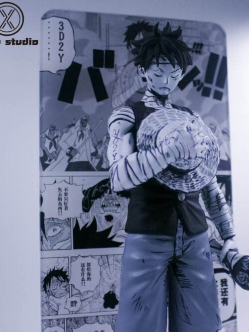 Angled detail of black-and-white Luffy showing his upper-arm marking, bandaged forearm, straw hat and bouquet.