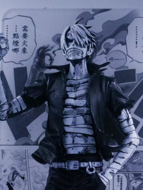 Upper-body detail of Sanji with gritted teeth, a cigarette in his raised hand and crosshatched bandages beneath a torn open shirt.