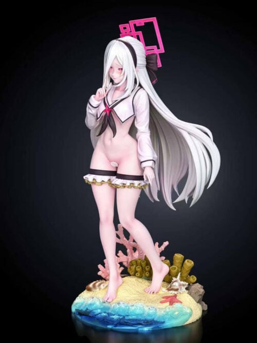 Alternate three-quarter view of Tendou Kei with long white hair, a pink geometric halo and a coral-and-shell base edged with blue waves.