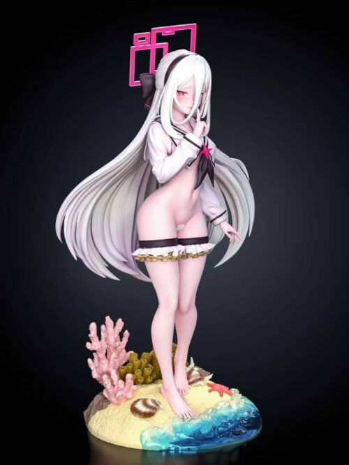 Three-quarter view of Tendou Kei against a dark background, showing the pink halo, flowing white hair and complete beach-themed base.