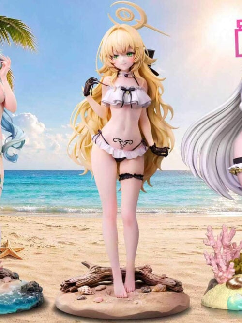 Three statues displayed on separate beach-themed bases, with Tendou Kei at right; this listing includes Tendou Kei only.