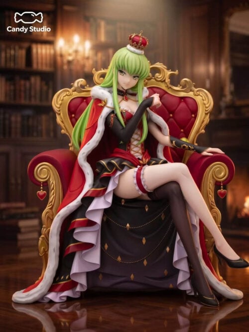 C.C. seated with crossed legs on a red-and-gold throne, wearing a crown, lace-up dress and white-trimmed red cape.