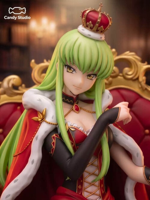Close-up of C.C.'s anime-style portrait with green hair, golden eyes and a red-and-gold crown above a white-trimmed cape.