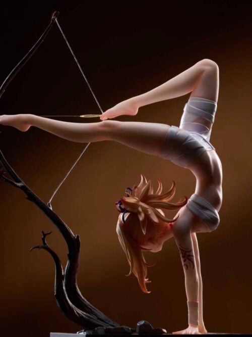 Backlit side view of Yoimiya's arched handstand pose, raised legs and drawn tree-like bow against a warm dark background.