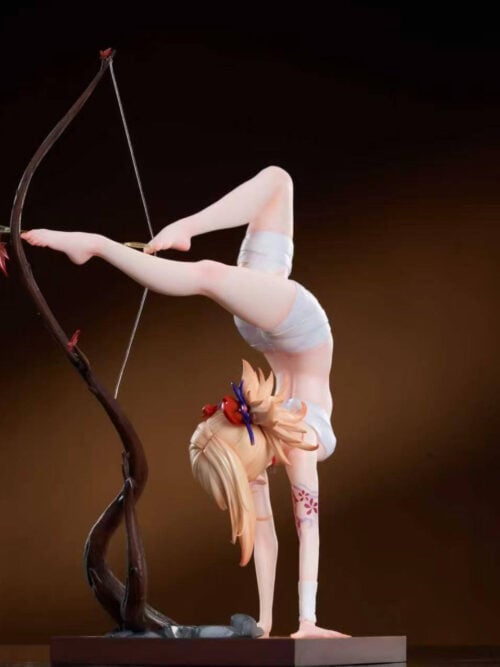 Opposite-side view of Yoimiya balancing on her hands, with the drawn bow on the left and rocks along the rectangular base.