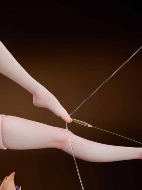 Close-up of Yoimiya's bent and extended legs, white bandage-style wraps, drawn bowstring and arrow.