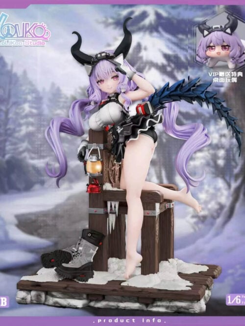 Bare-legged Typhon seated on a snowy chair base with a lantern and boots, with a desktop doll inset at upper right.
