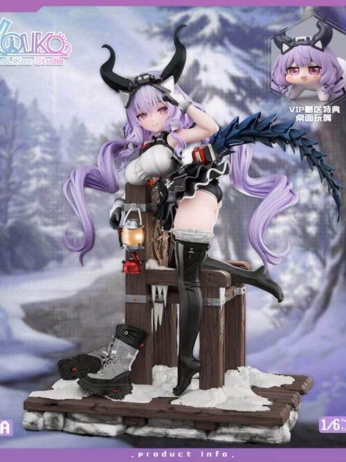Typhon with stocking-clad legs on a snow-covered chair base, with a lantern, boots and a desktop doll inset.