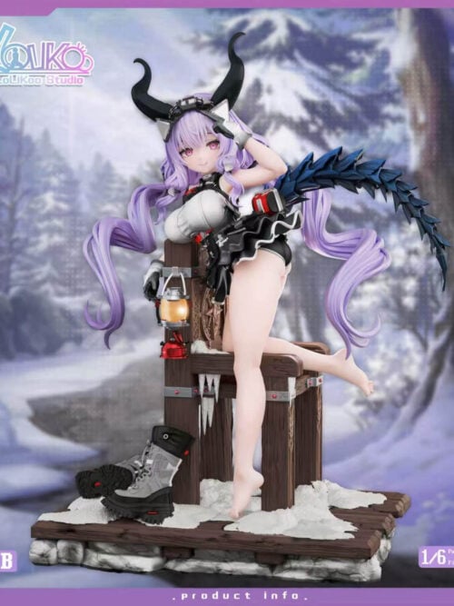 Bare-legged Typhon with lavender hair and a dark spiked tail, seated on a snowy chair base beside a lantern and boots.