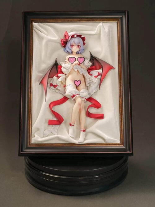 Censored photo of Remilia Scarlet's full framed display, with red bat wings, flowing red ribbons, white drapery and a black circular platform.