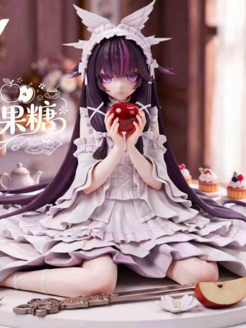 Front view of Columbina holding a red apple in a layered white dress, with a winged headpiece and long purple hair.