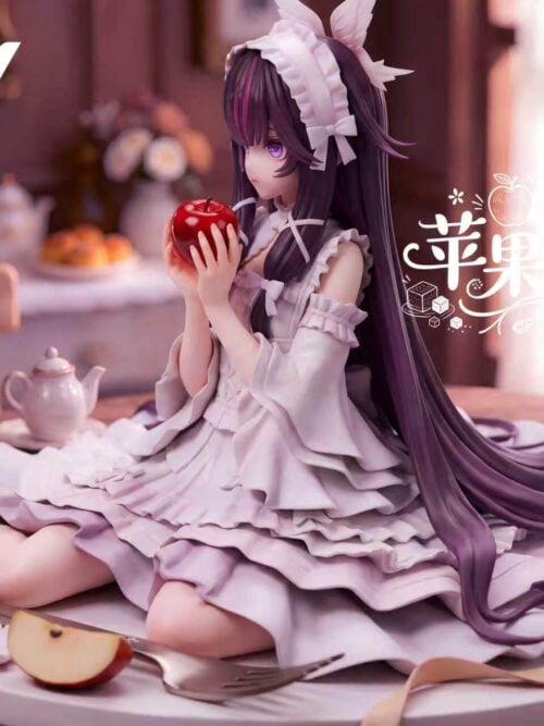 Three-quarter view of Columbina holding a red apple, showing her flared white sleeves, layered skirt and trailing purple hair.