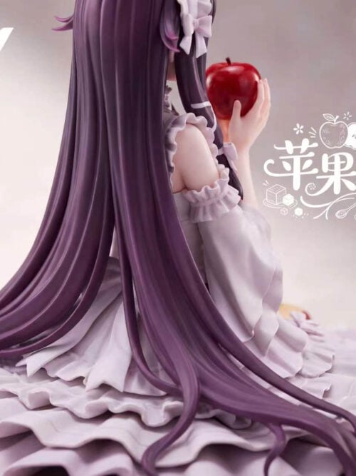 Rear three-quarter detail of Columbina's long purple hair spreading over a ruffled white skirt, with the red apple visible beside her shoulder.