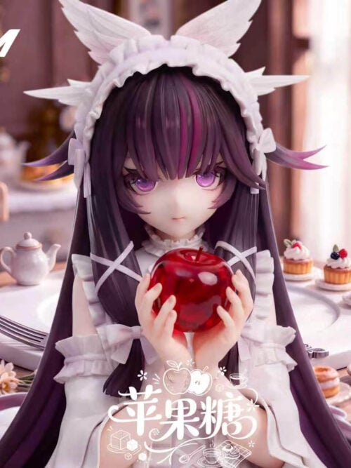 Close-up of Columbina's purple eyes, winged white headpiece and ribboned hair as she holds a glossy red apple in both hands.