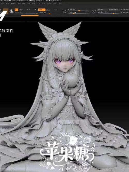 ZBrush screenshot of the mostly gray Columbina Candy Apple digital sculpt, showing the seated pose, winged headpiece and layered dress.