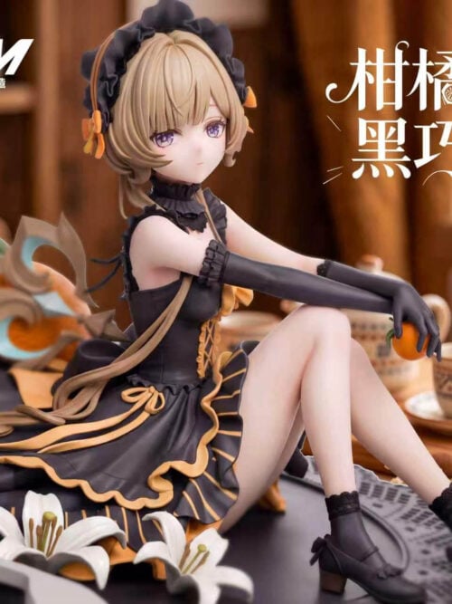 Front detail of Sandrone holding a small citrus fruit, with a dark orange-trimmed dress, white lilies and a lace-patterned base.