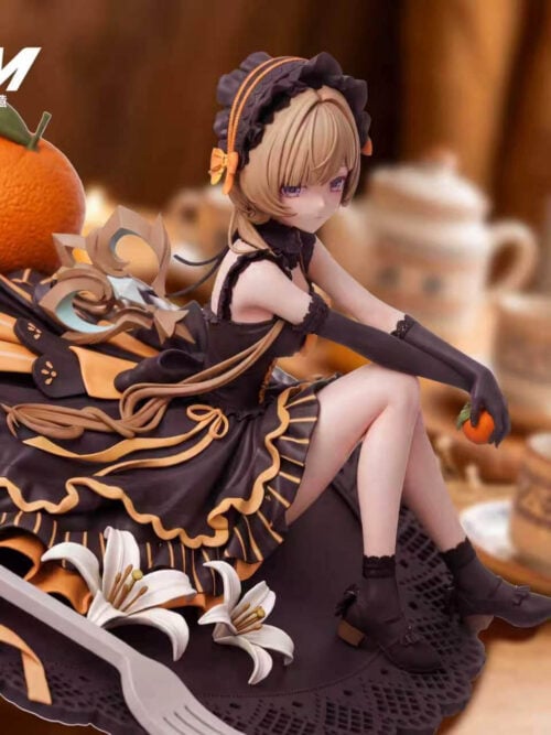 Angled view of seated Sandrone with an oversized citrus fruit, layered dark dress, white lilies and a large fork across the plate-like base.