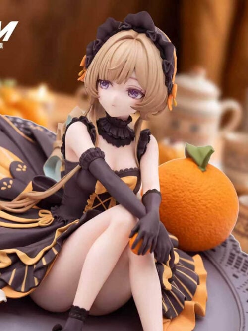 Close view of Sandrone's purple eyes, ruffled headpiece and gloved hands holding a small citrus fruit beside an oversized orange.