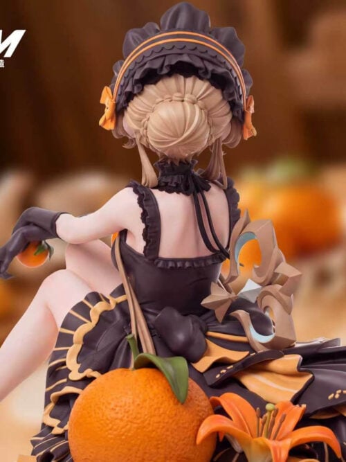 Rear detail of Sandrone showing her braided bun, ruffled headpiece, open-back dress, orange ribbons and oversized citrus decoration.