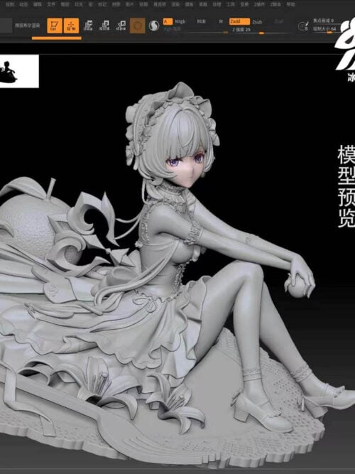 Digital sculpt preview of seated Sandrone with a mostly gray layered dress, citrus decorations, lilies and a large fork on a plate-like base.
