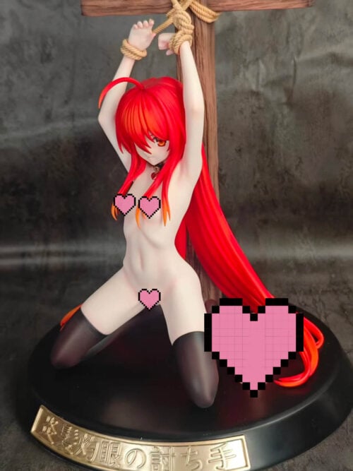 Red-haired Shana figure in three-quarter view on a black circular base, with pink censorship overlays.