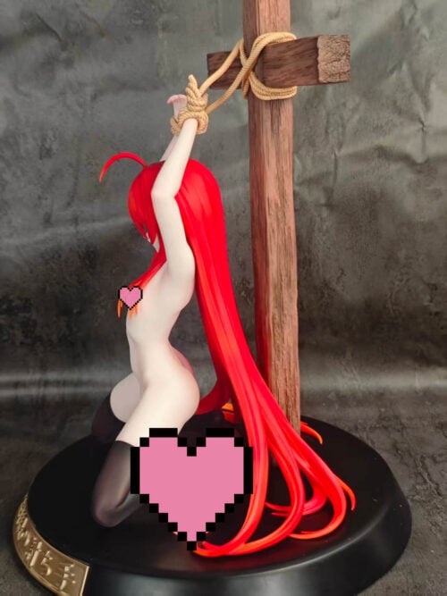 Side view of the red-haired Shana figure with long hair and a black circular base, with pink censorship overlays.