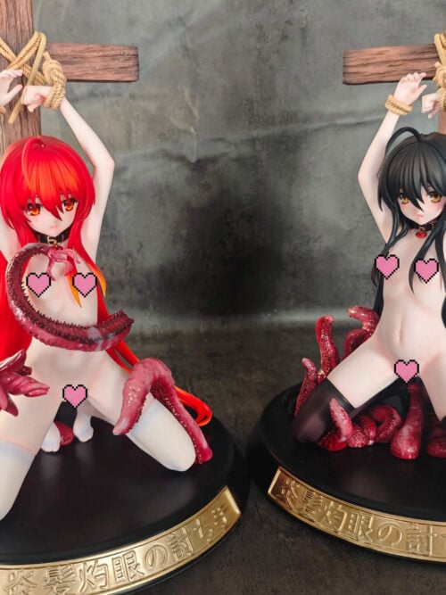 Red-haired and black-haired Shana figures displayed side by side on separate circular bases, with pink censorship overlays.