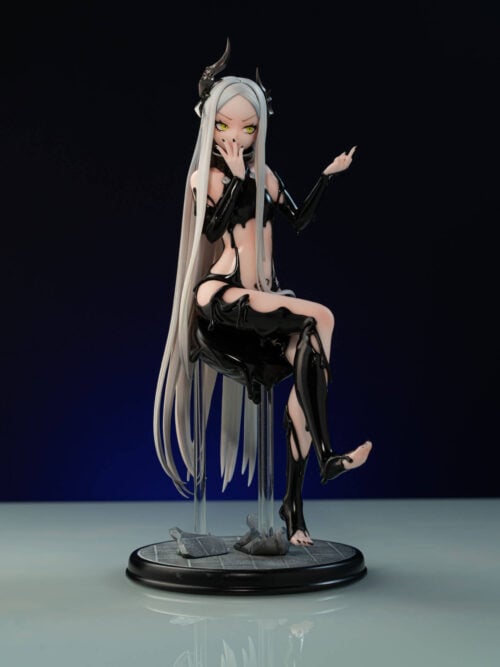 Angled full view of Leviathan on a sculpted black seat, with long silver hair, clear supports and a rubble-strewn circular base.
