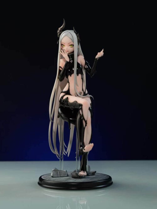Full view of Leviathan seated with crossed legs, long silver hair and a horned headpiece above a round tiled base with rubble.