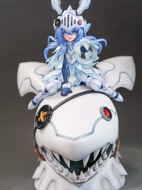Front view of Yoshino Himekawa wearing a rabbit-eared helmet and pale armor, seated on a rabbit-like head with mismatched eyes and pointed teeth.