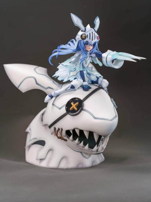 Angled full view of helmeted Yoshino Himekawa with flowing blue hair and an extended clawed gauntlet on a rabbit-like display base.