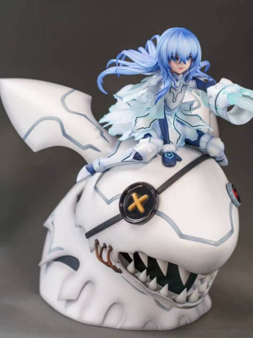Yoshino Himekawa without a helmet, extending a clawed gauntlet while seated on a toothy rabbit-like head above the complete base.