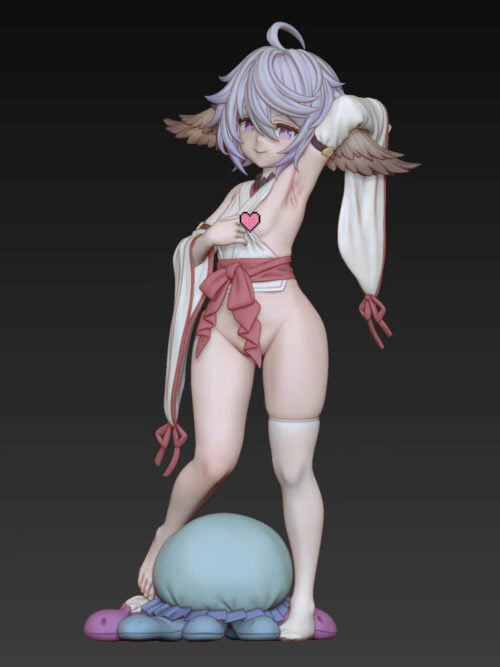 Front view of Wamdus with a smiling expression, one arm raised, long white sleeves and a pink waist sash on a blue and pink base.