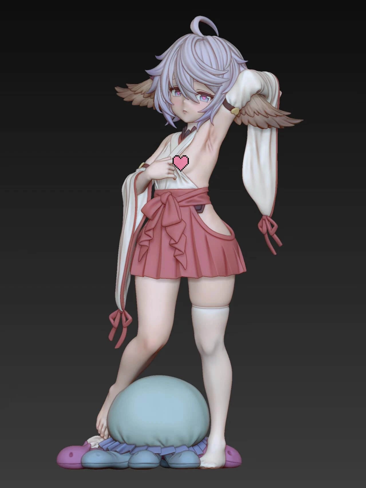 MiLi Studio Wamdus — Front View with Pink Skirt Wamdus figure with lavender hair, long white sleeves and a pink skirt, standing on a blue and pink creature-themed base.