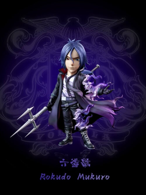 DD Studio Mukuro Rokudo figure holding a silver trident, with an outstretched gloved hand, purple flame effects and a flared dark coat.